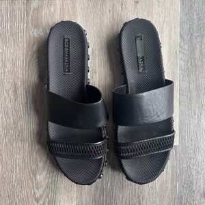 BCBG Soft Black Leather Silver Studded Slide Sandals Women's Size 8.5